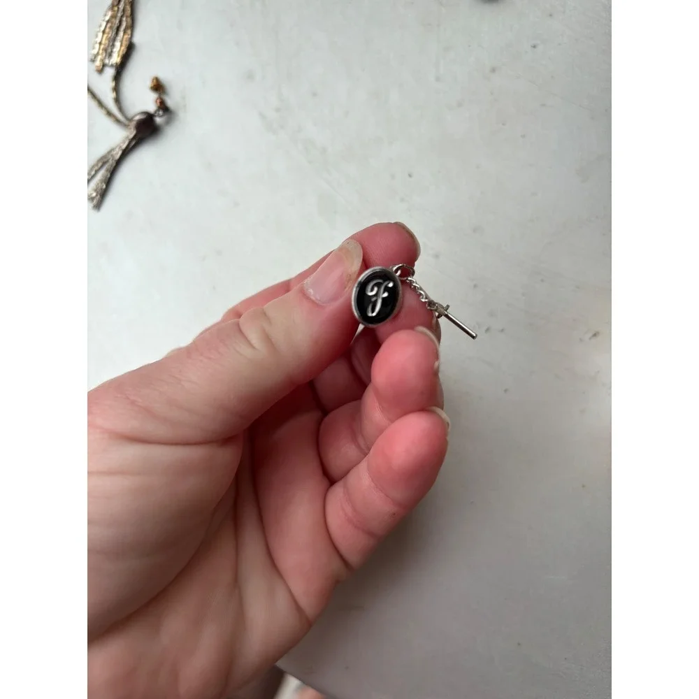 Vintage Silver Tone Black Enamel‎ Initial Letter F Tie Tack with T-Bar Chain